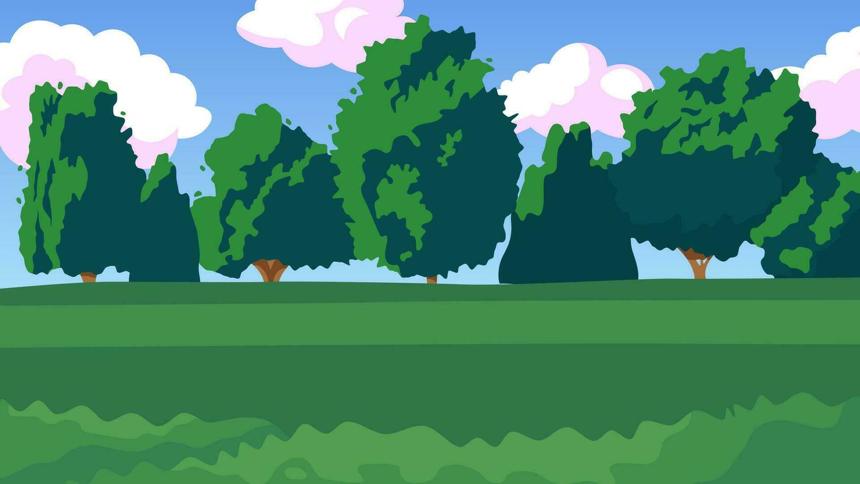 Park cute kawaii lo fi background. Summer. Green grass and trees. Good weather 2D vector cartoon landscape illustration, lofi aesthetic wallpaper desktop. Japanese anime scenery, dreamy vibes