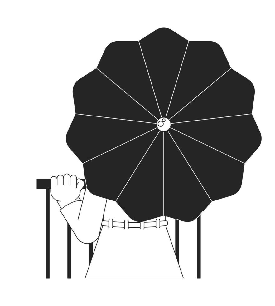 Woman under umbrella flat line black white vector character. Covering from rain. Editable outline full body person. Simple cartoon isolated spot illustration for web graphic design