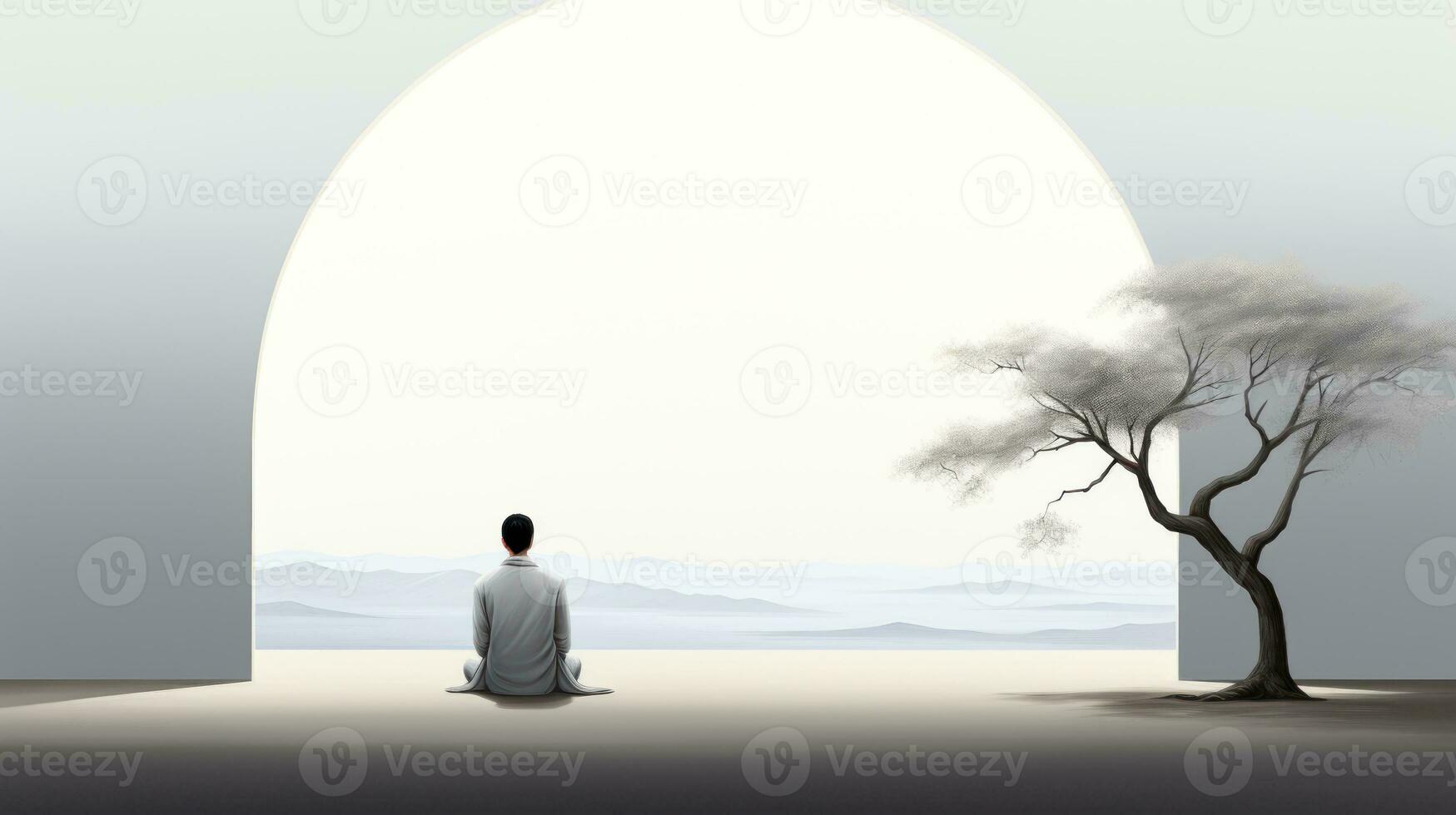 hombre y blanco árbol en meditación japonés estilo generativo ai foto