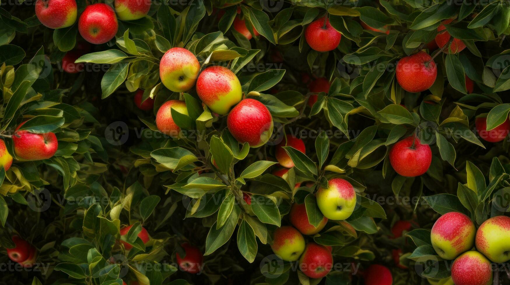 rojo manzanas en el árbol generativo ai foto