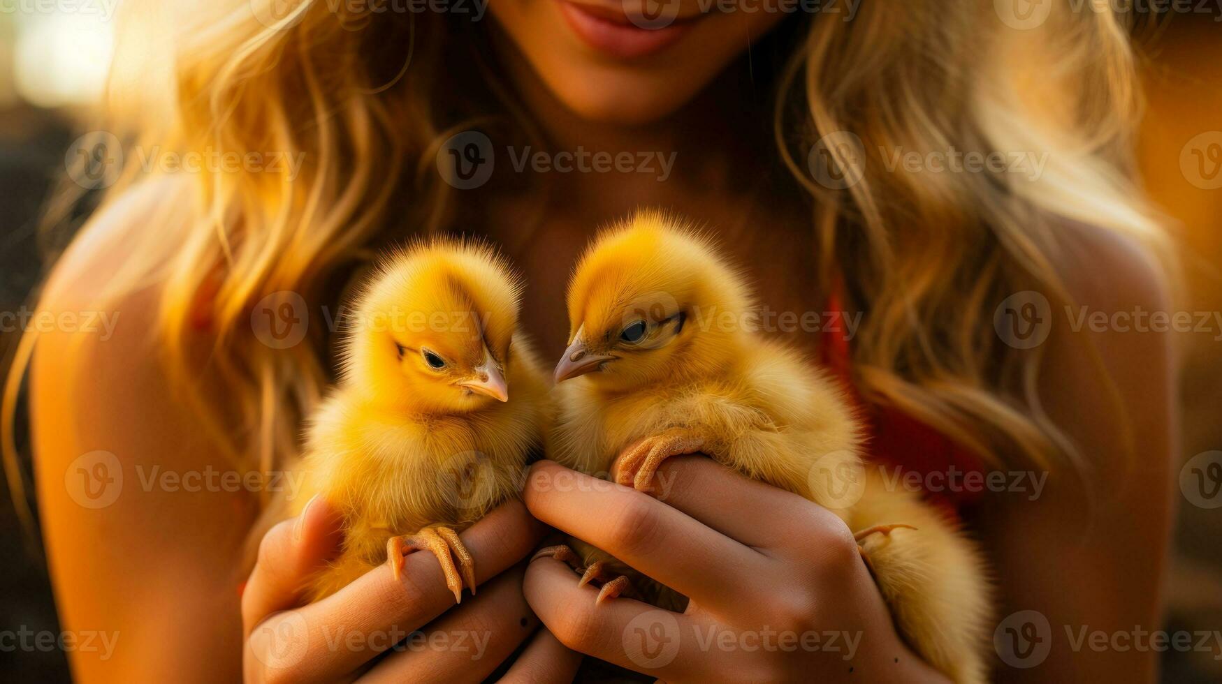 yellow chicks in female hands small birds generative ai photo