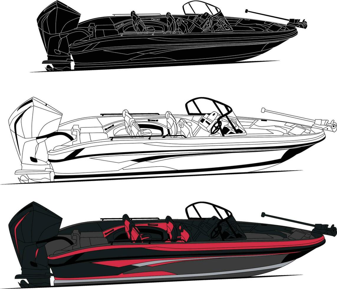 vector, línea Arte y color imagen de lado ver pescar barco en un blanco antecedentes. vector
