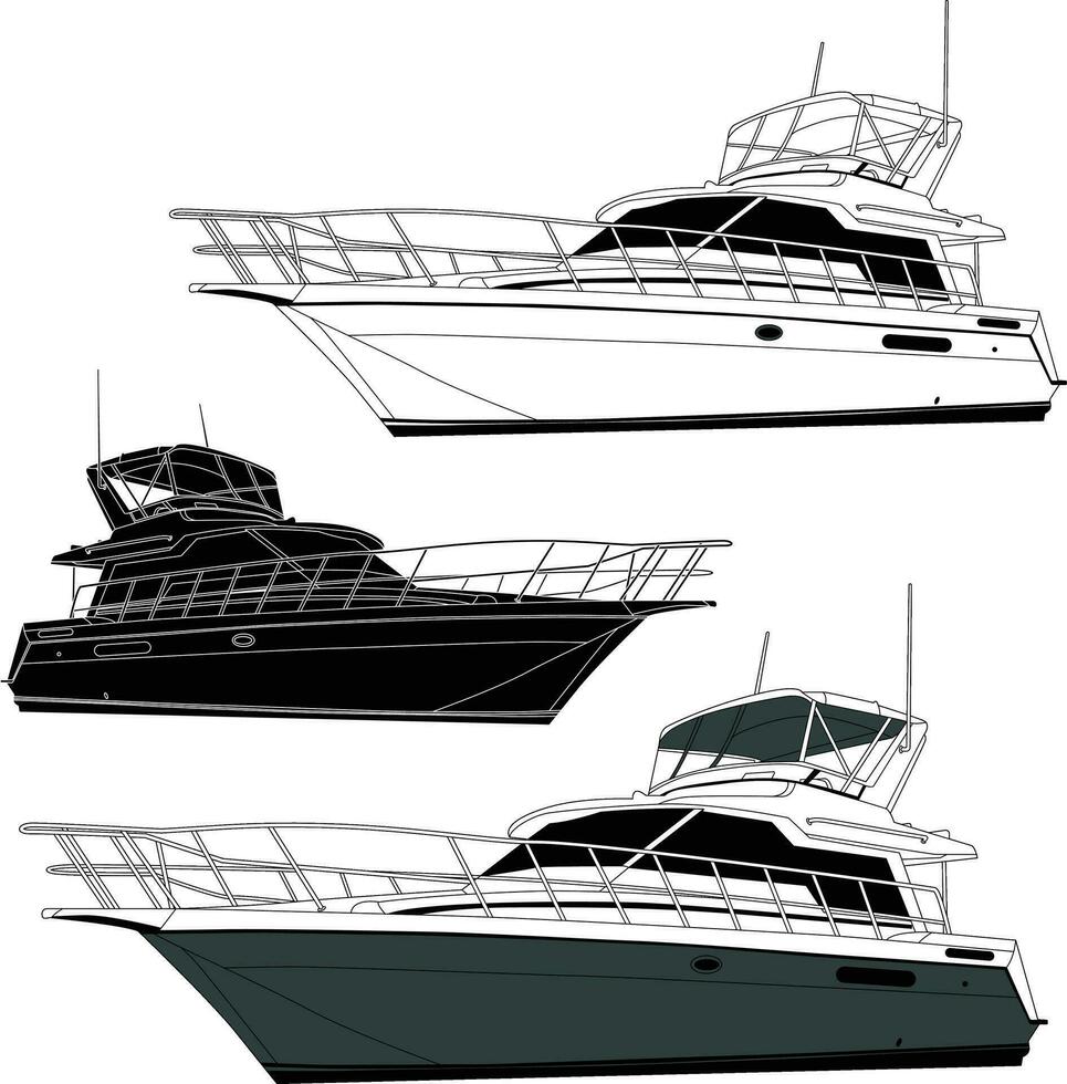 yate vector, pescar barco vector línea Arte ilustración y uno color