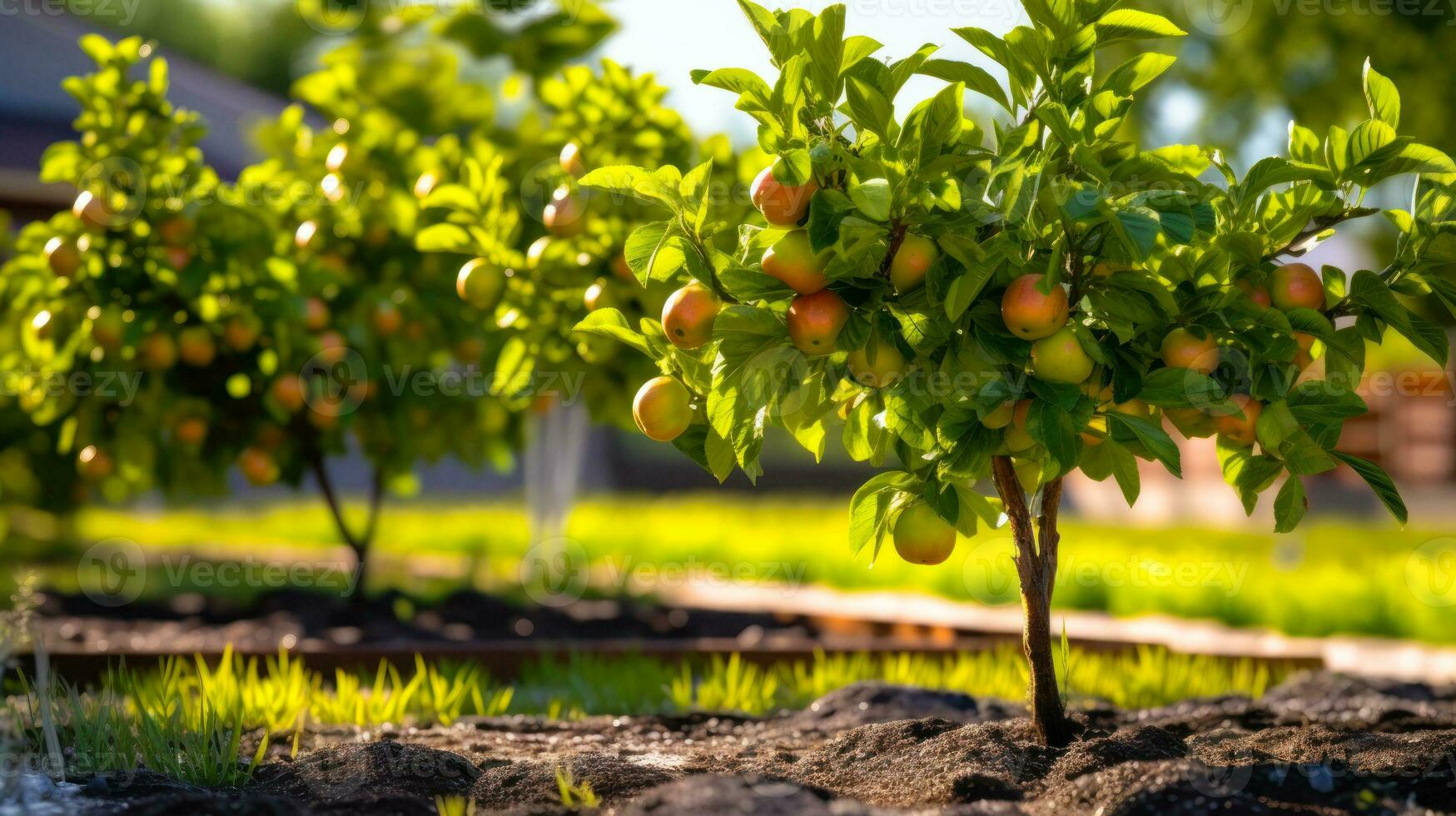 dwarf apple trees in the green summer garden generative ai photo