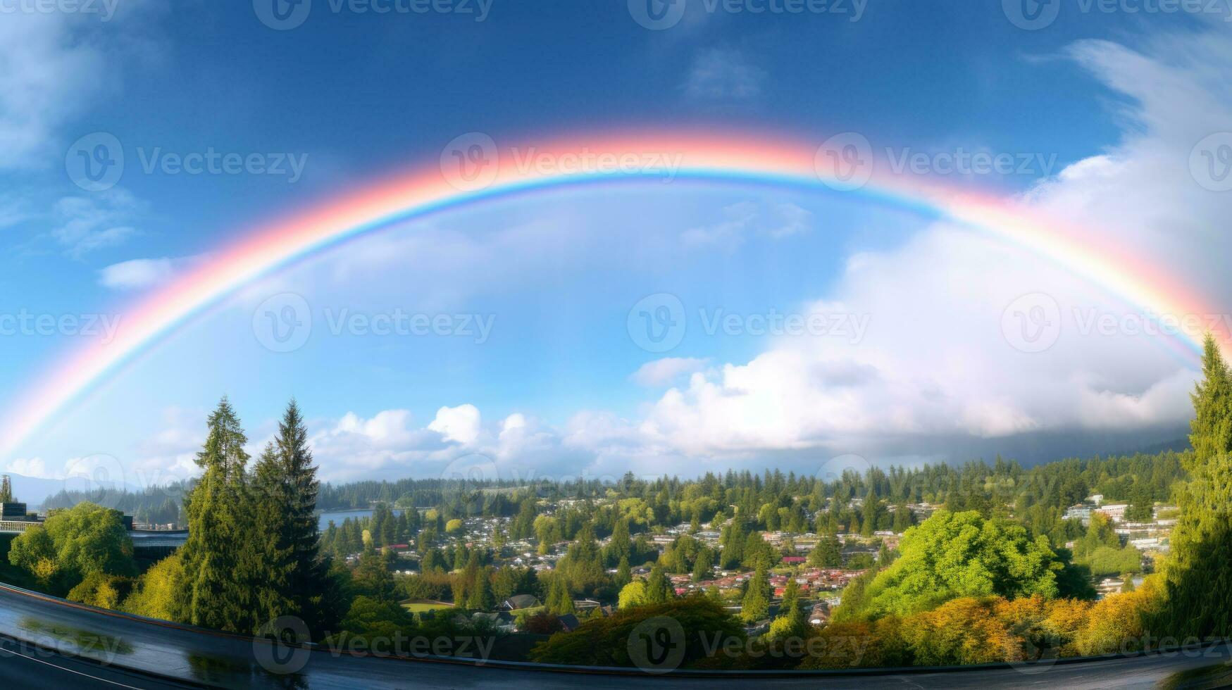 arco iris en cielo terminado el ciudad generativo ai foto