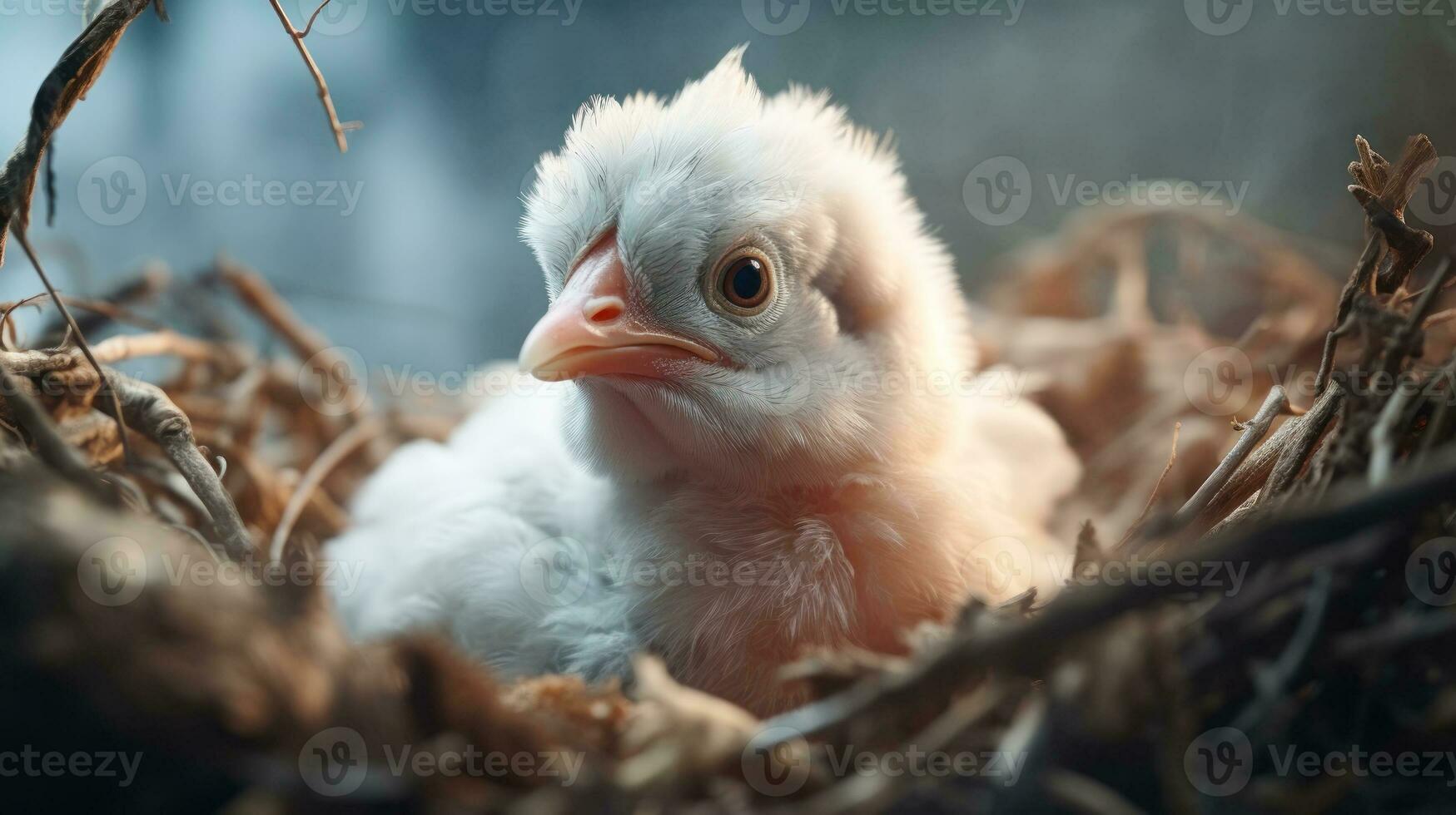 pequeño polluelo, blanco polluelo en el nido generativo ai foto