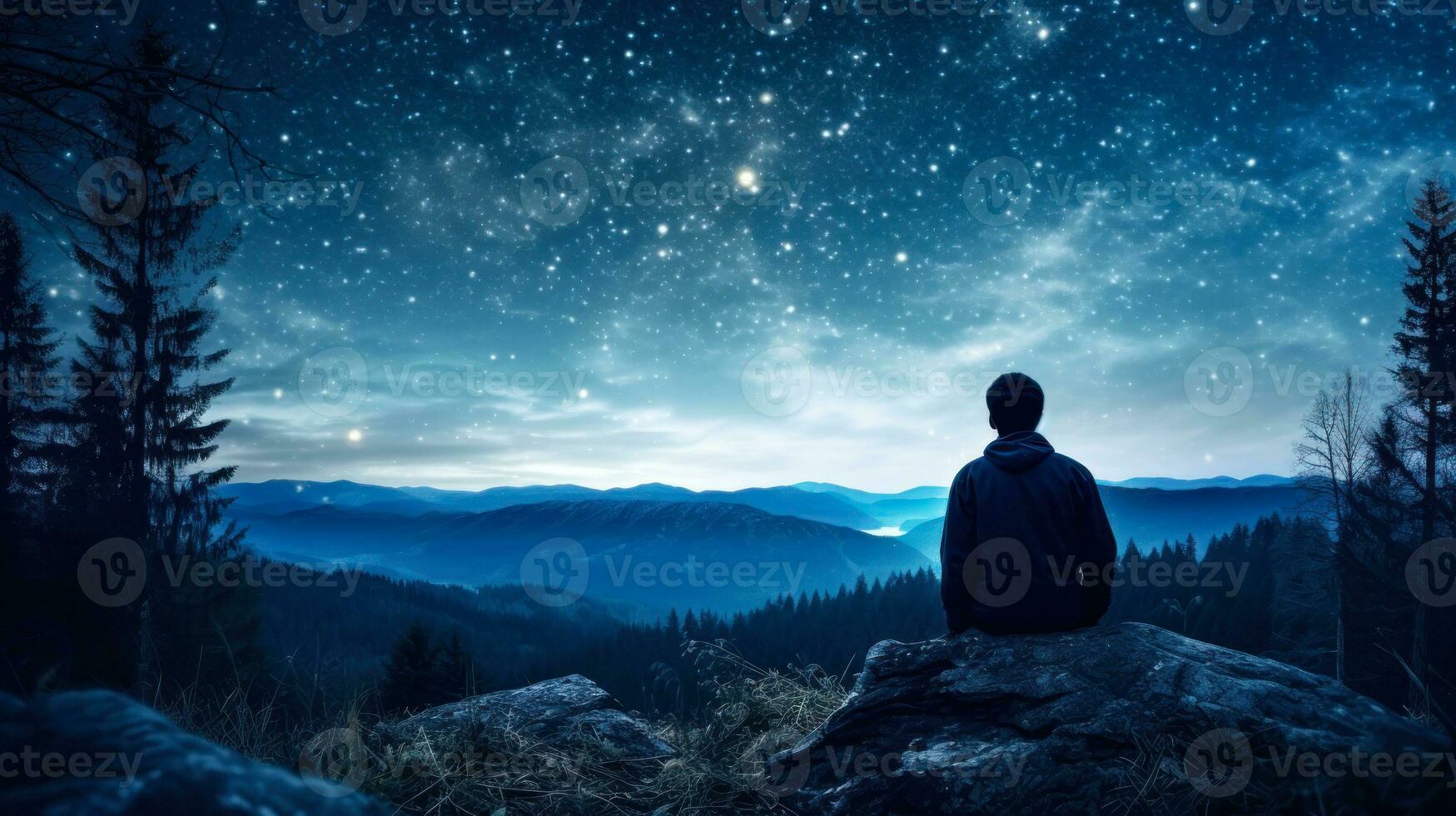 a man on a stone admiring the starry sky generative ai photo