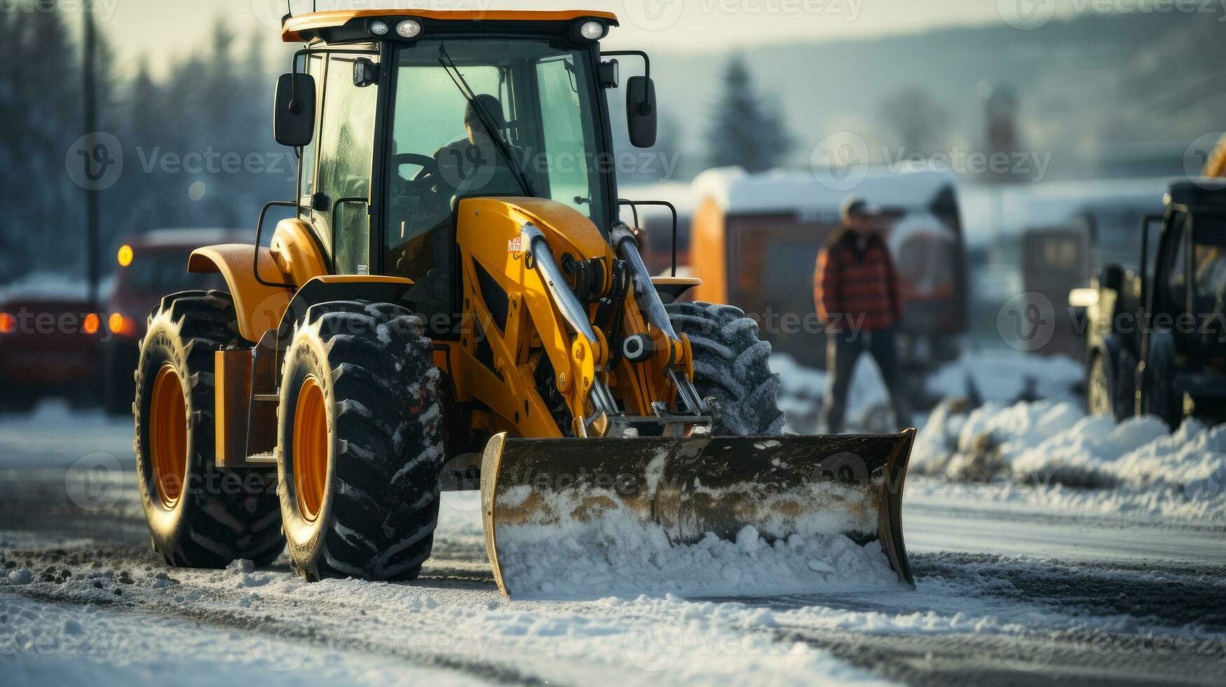 invierno nieve eliminación en el la carretera con un excavador generativo ai foto