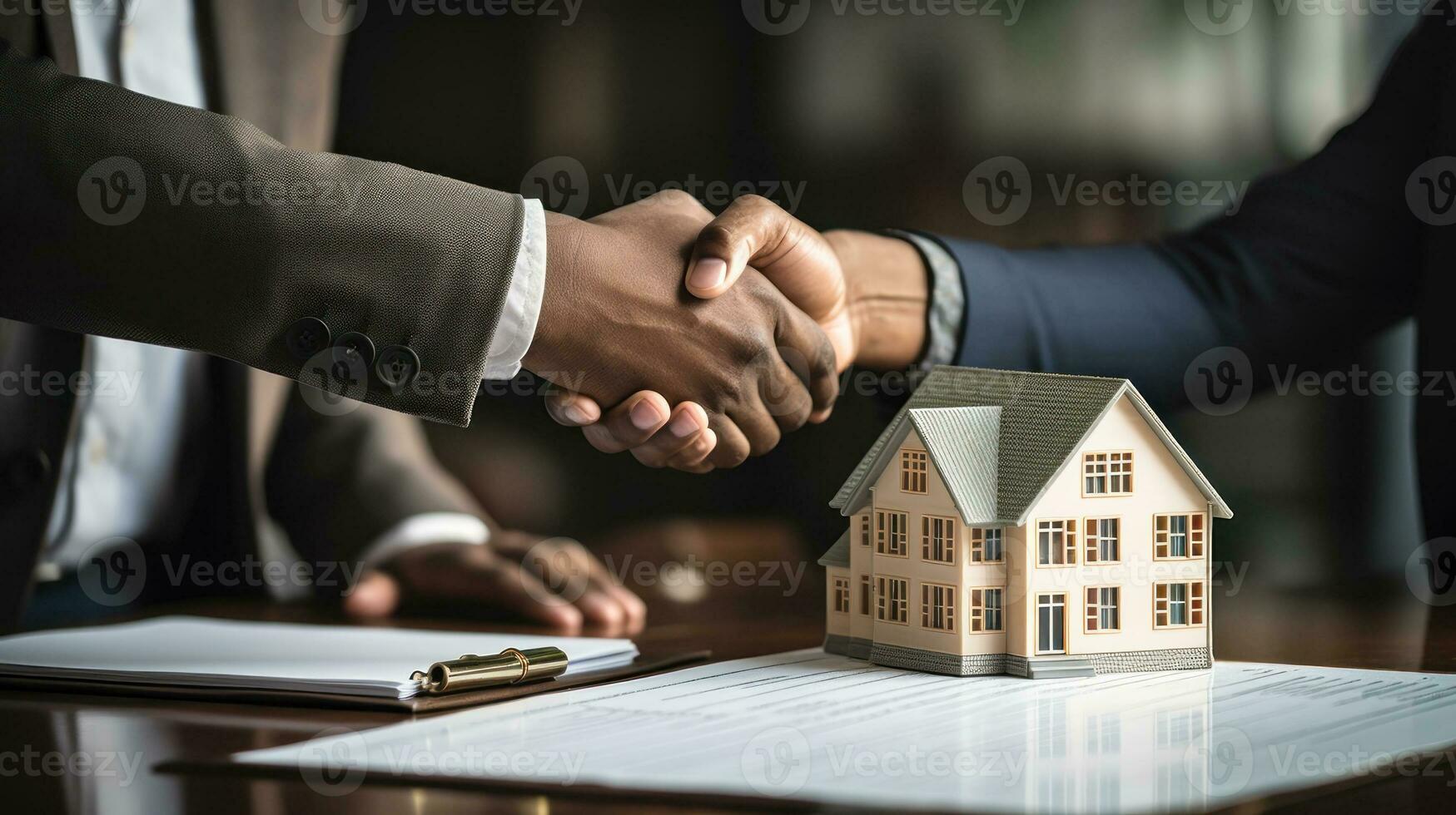 successful real estate transaction, realtor and buyer shaking hands generative ai photo