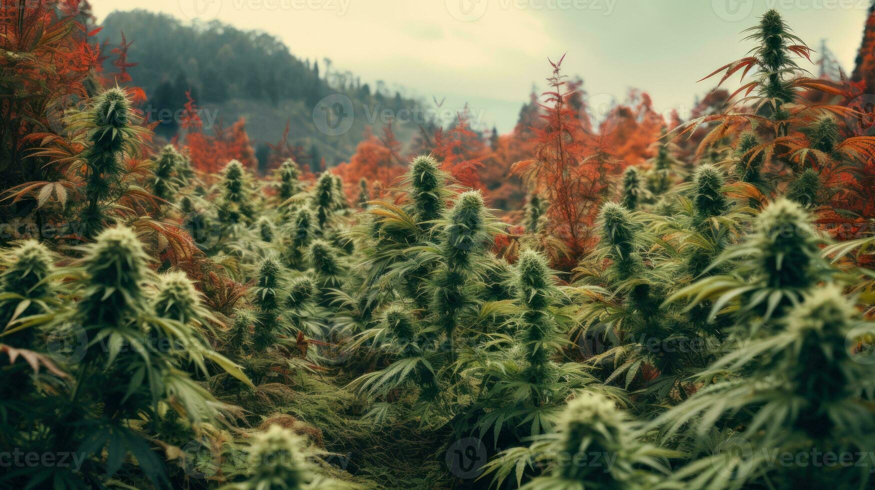 flowering marijuana plants autumn plantation, blooming cannabis generative ai photo