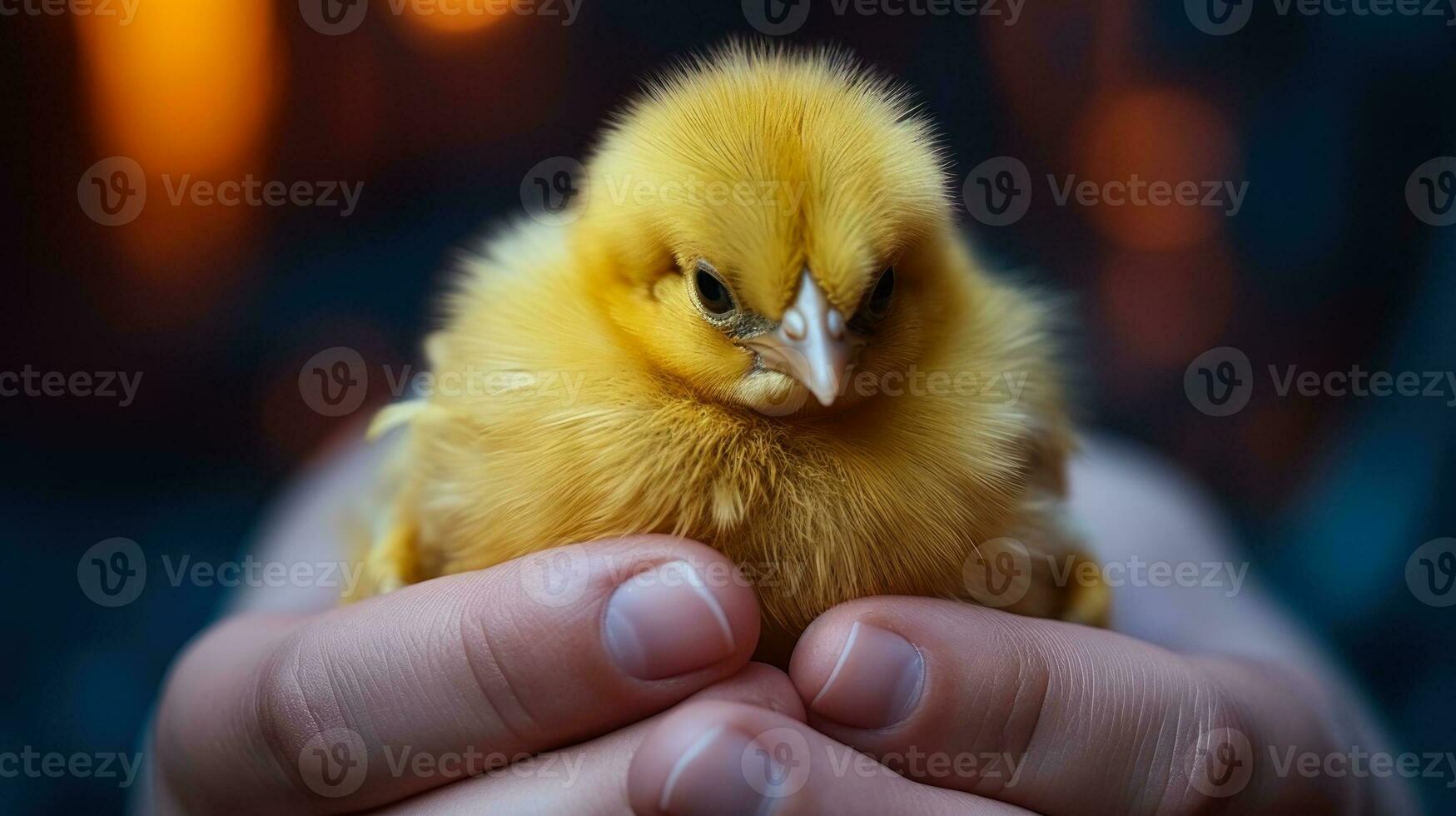 yellow chick in hand generative ai photo