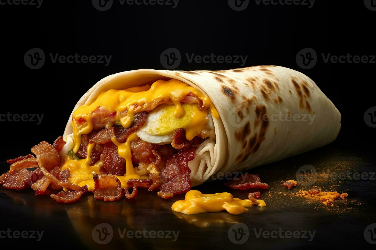 Potatoes, bacon and eggs in a breakfast burrito.ai generative photo