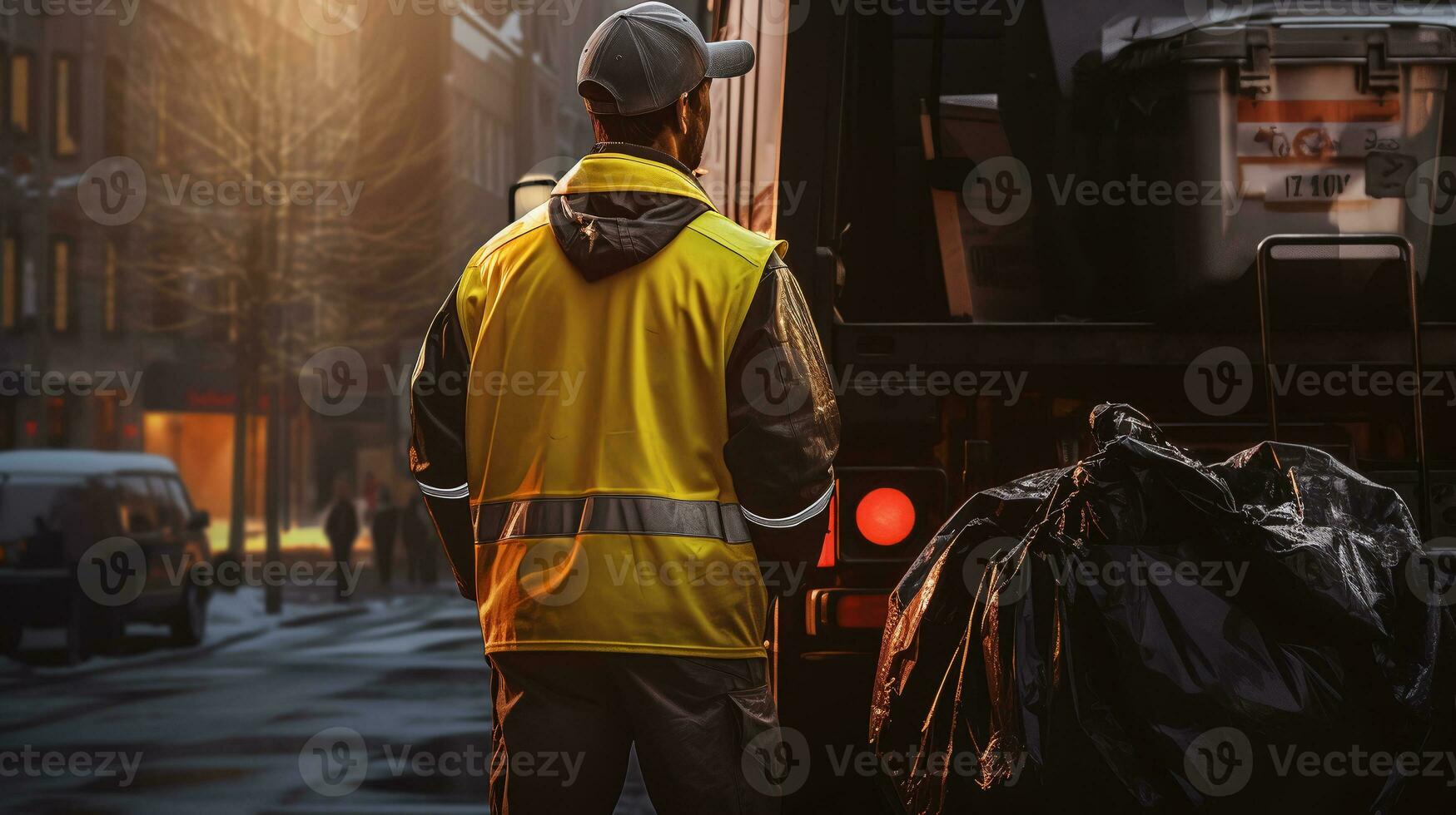 Worker collecting garbage of urban municipal are collecting for trash removal, view back. ai generative photo