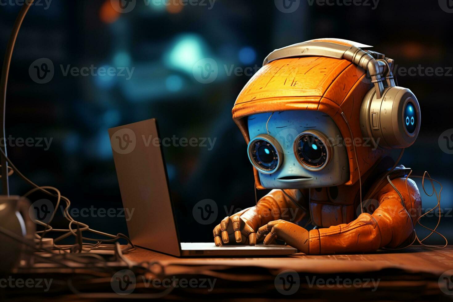 cute robot learning or relaxing with music and computer.ai generative photo