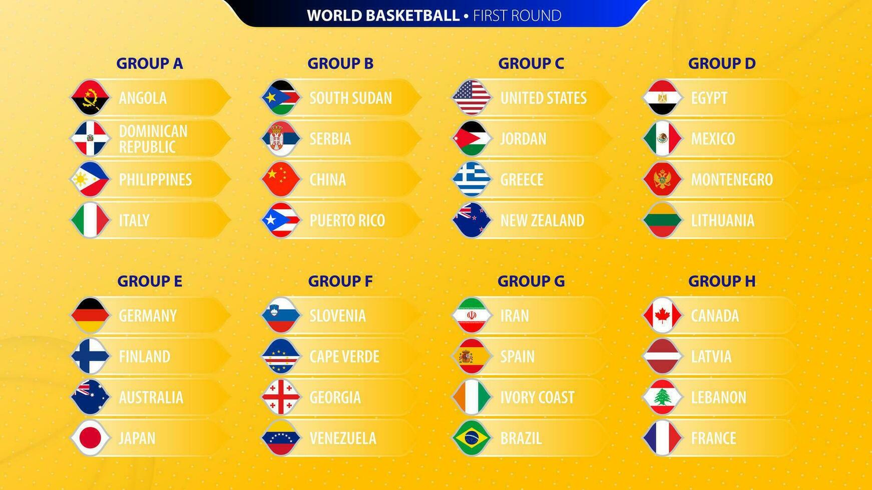 2023 Basketball tournament icons with flags sorted by group. vector