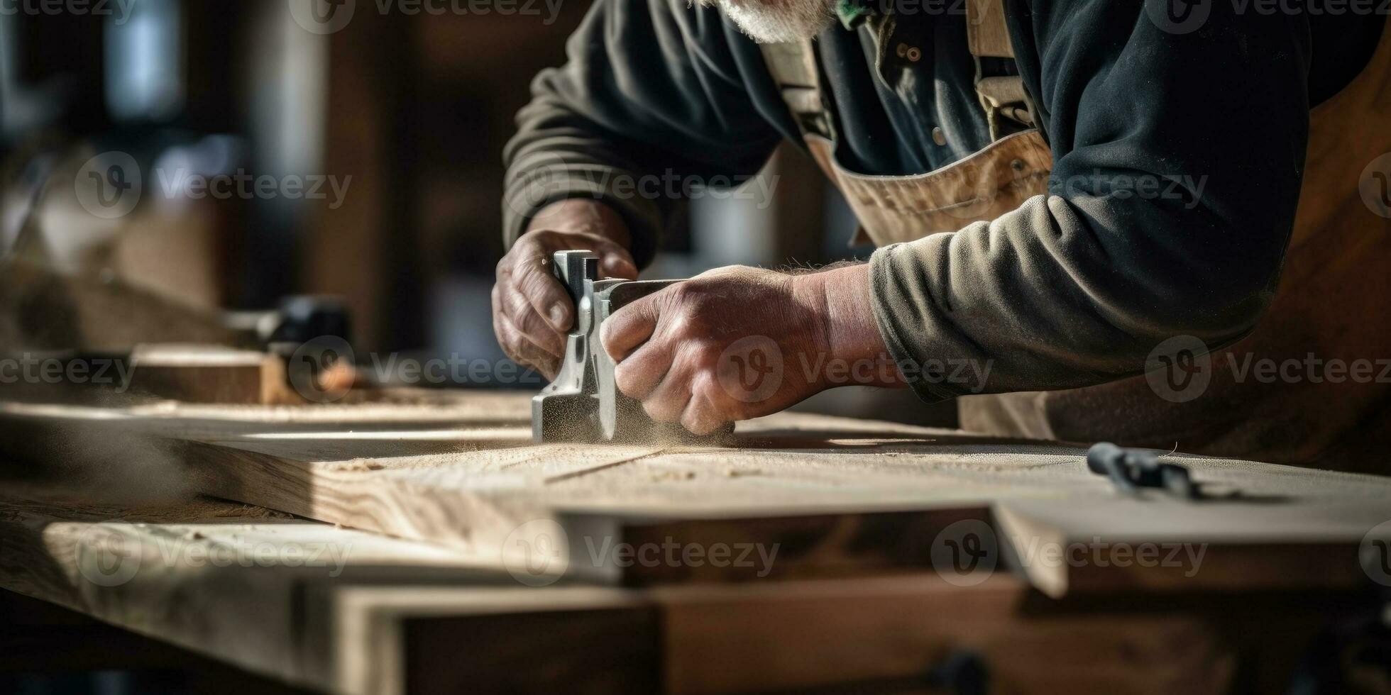 carpintero lijado un de madera tablero generativo ai foto