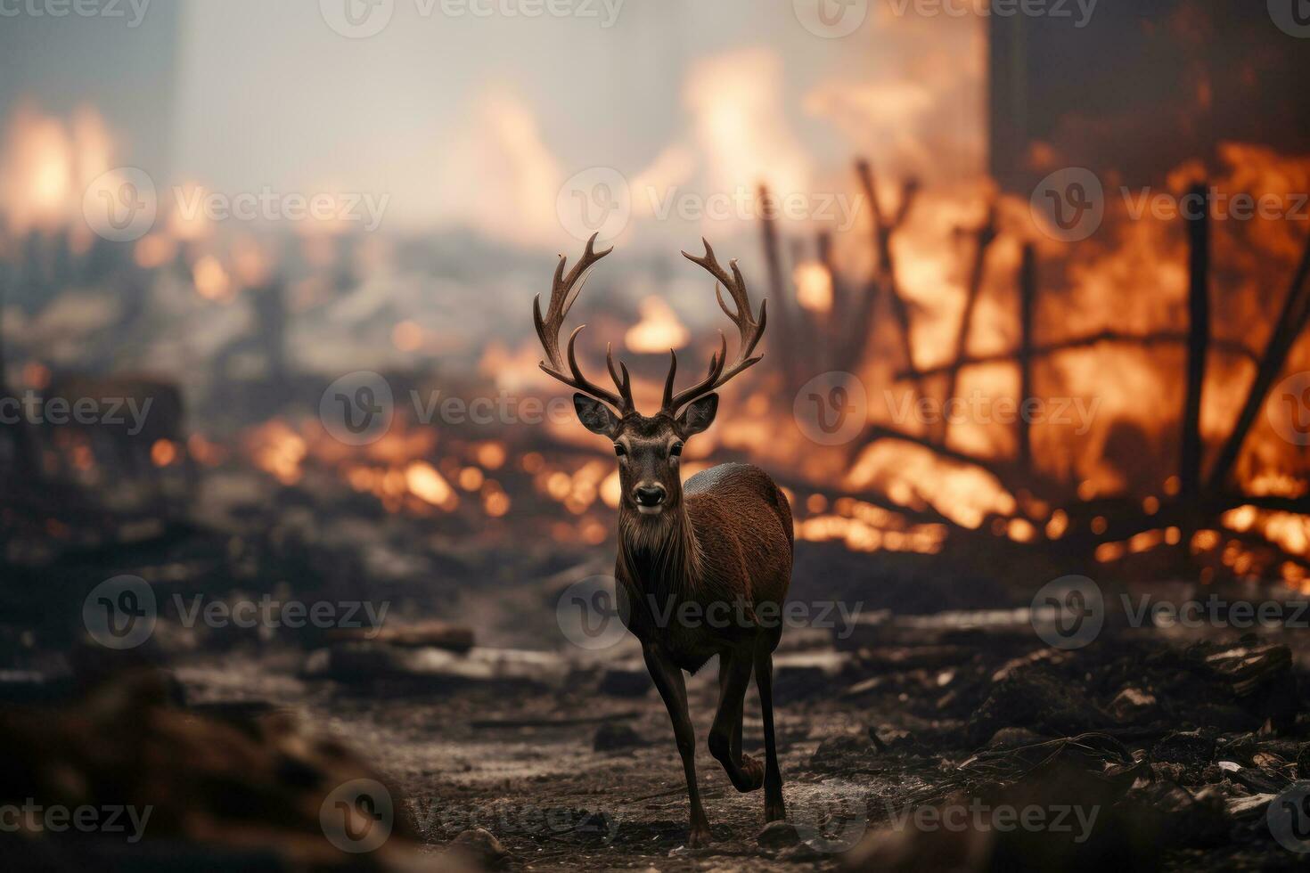 animals escape from fire ecological catastrophy,forest fire generative ai photo