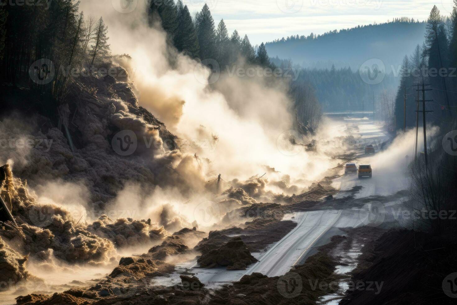 rocky mountain collapse, quarry explosion generative ai photo