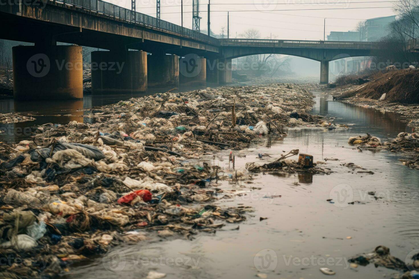 indio río contaminado con basura y residuos generativo ai foto