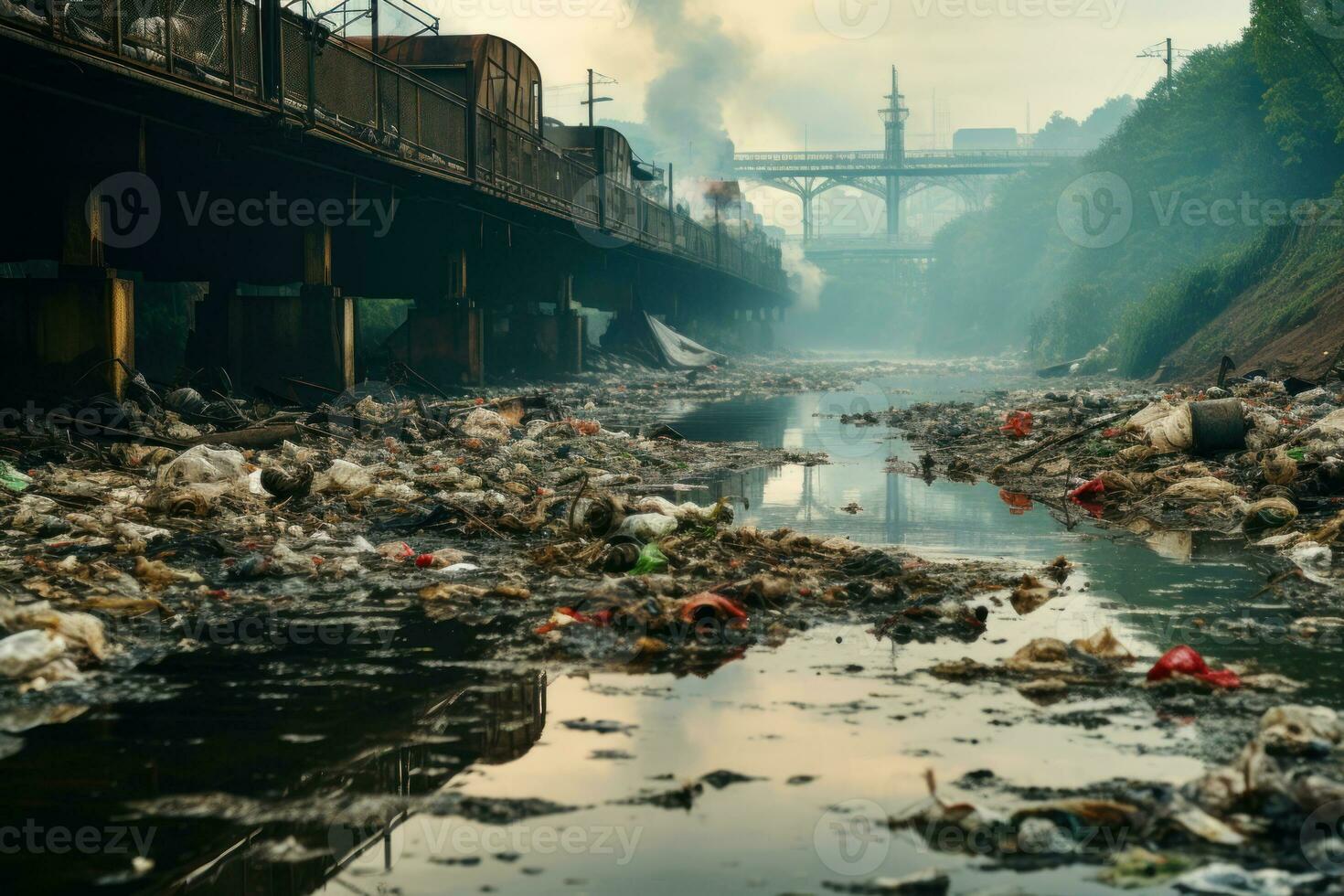 indio río contaminado con basura y residuos generativo ai foto