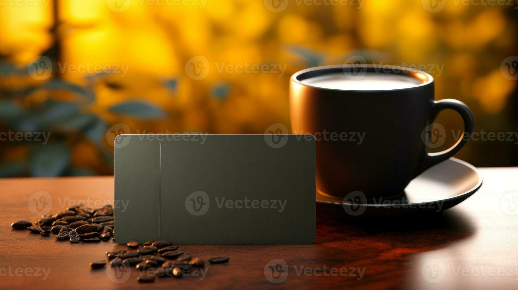 a cup of coffee with a business card generative ai photo