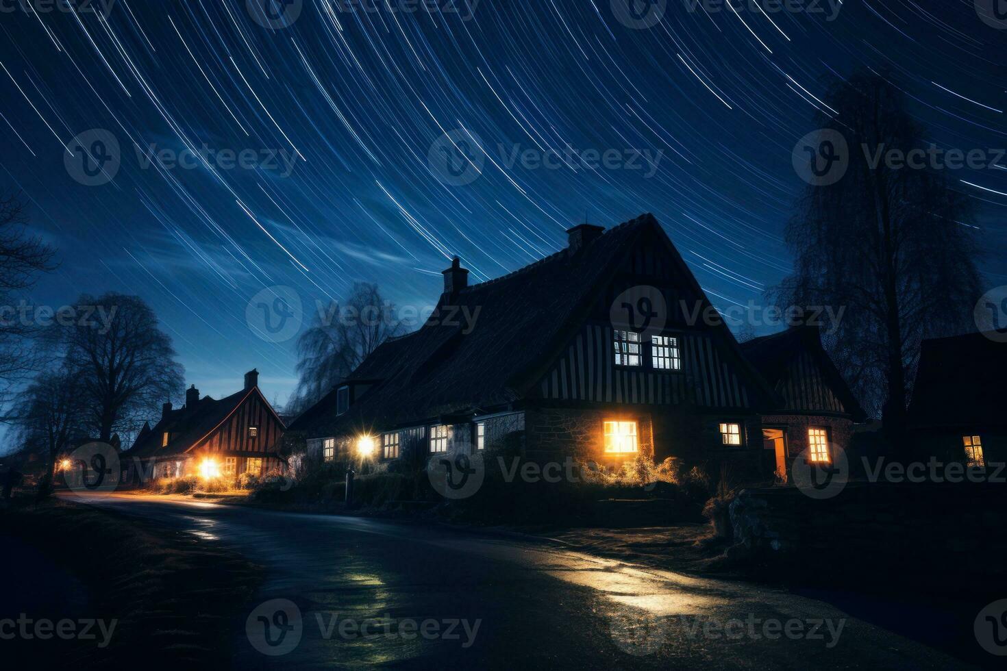 village on night starry sky glowing road landscape on shutter speed generative ai photo