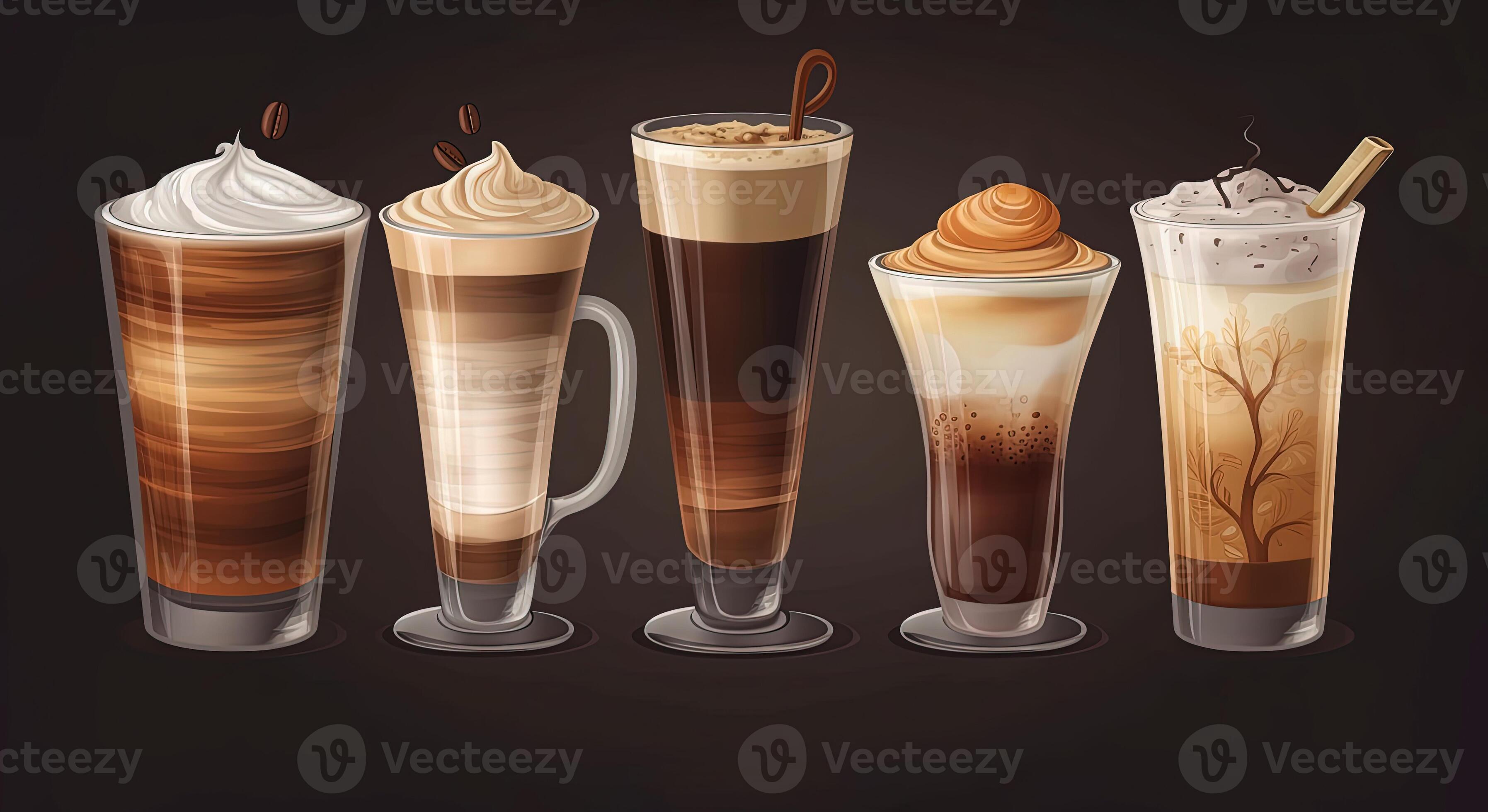 Set of different types of coffee, cappuccino, latte, cappuccino, latte