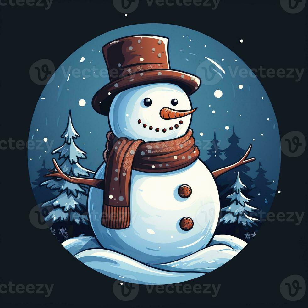 Snowman in a round frame. Watercolor illustration of a Christmas snowman. photo