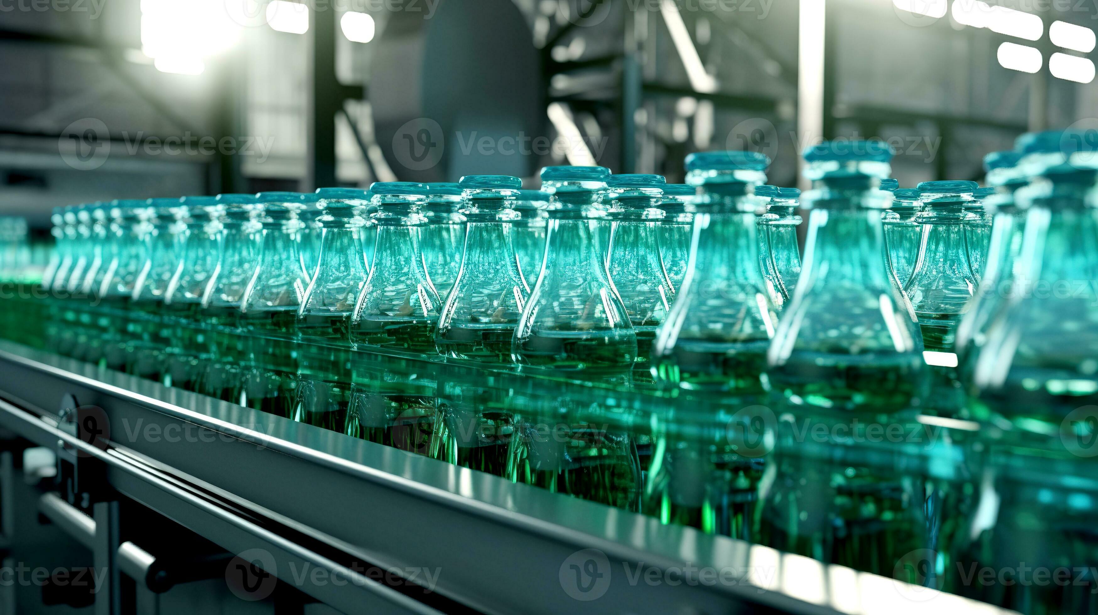 for bottling nonalcoholic beverages. Bottles on the conveyor