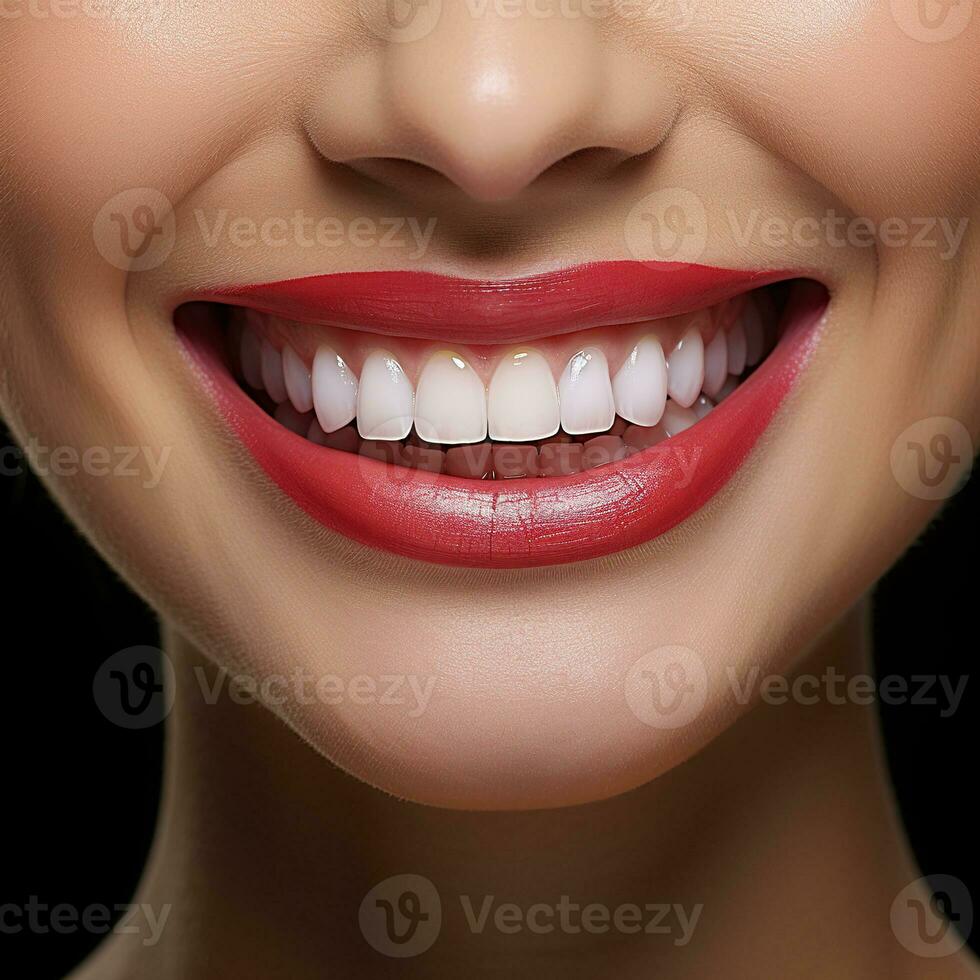 Happy young woman showing perfect smile with white straight teeth. Smiling Model with White Teeth. photo