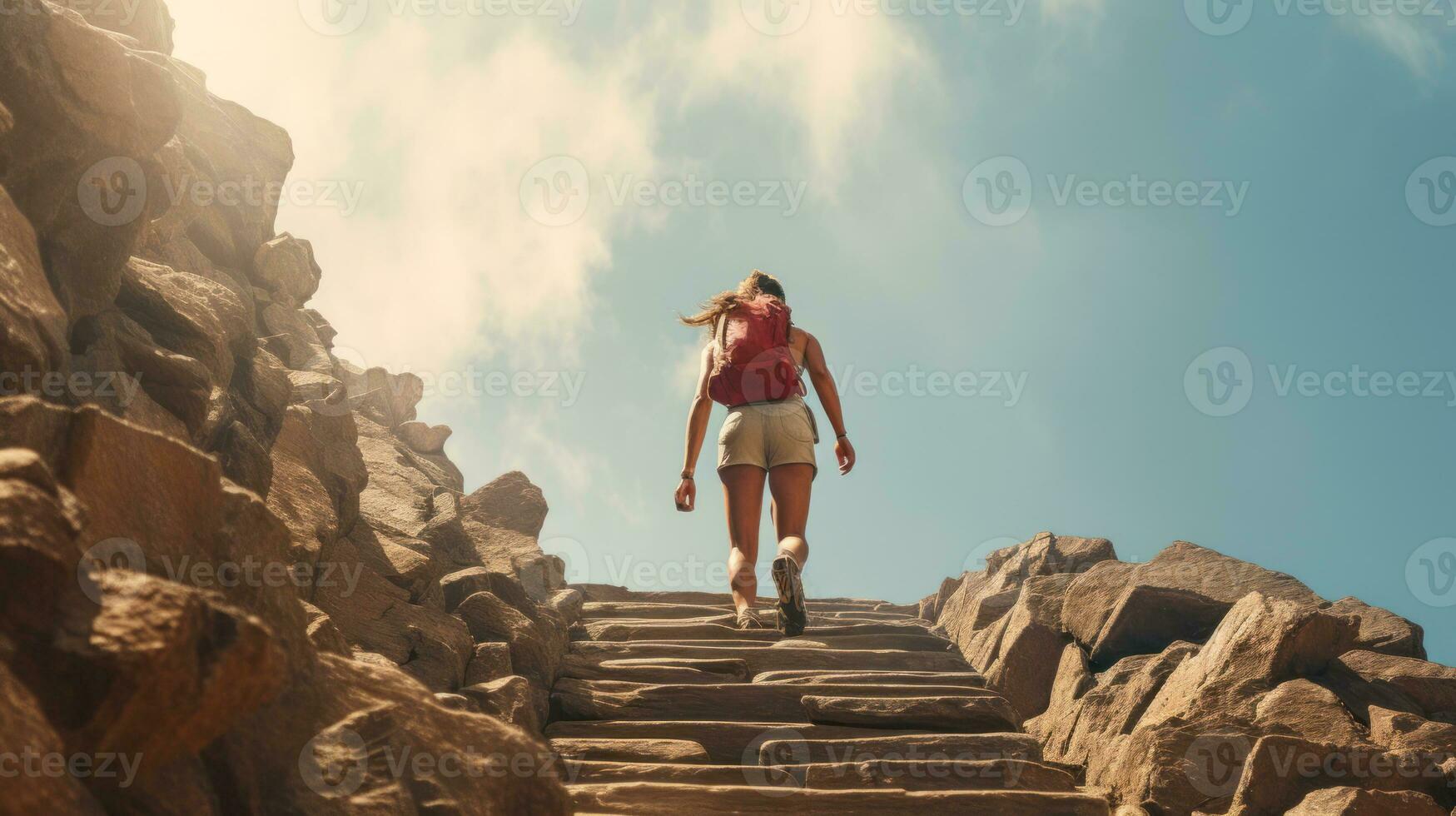 woman with a backpack climbs up the stone steps generative ai photo