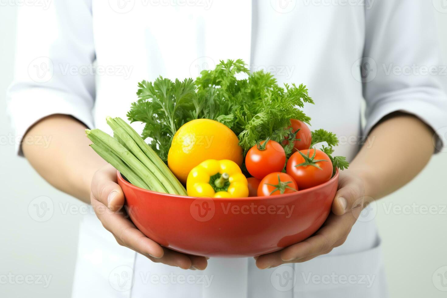 sano estilo de vida de un joven masculino médico con un cuenco de vegetales en un blanco antecedentes. ai generativo foto