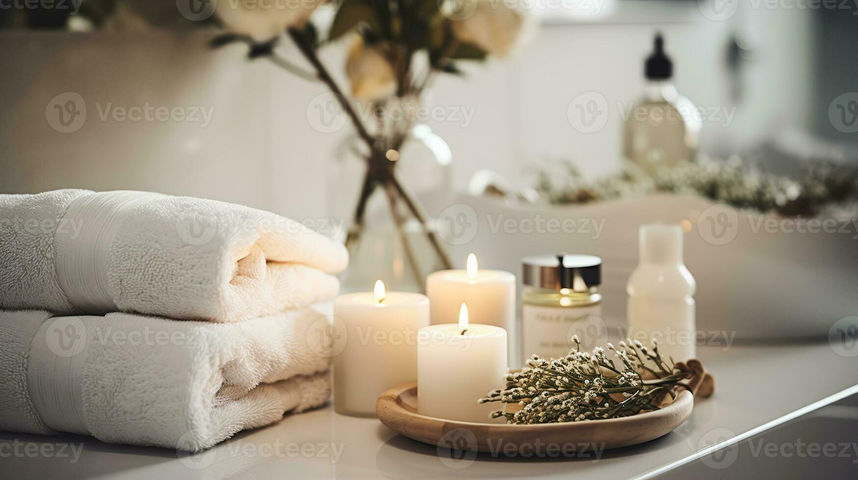 Spa bath with flowers, candles and tray, Stock image