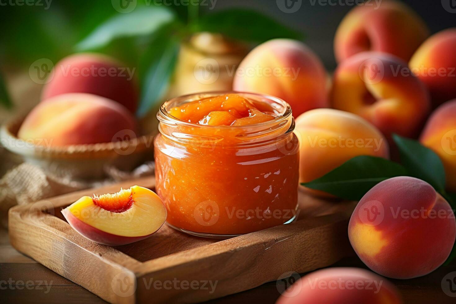 Red peach jam in small jar. Homemade autumn peach jam with fresh fruits. Fall preparations and canning on wooden table background copy space.ai generative photo