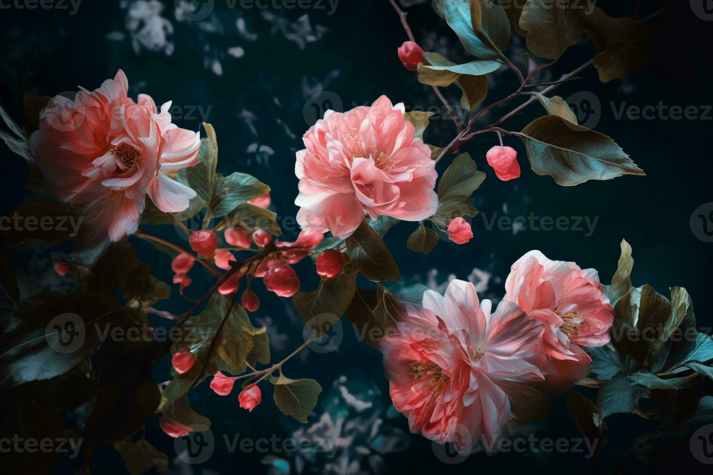 picture with flowers and leaves on a dark background with a pink flower. ai generative photo