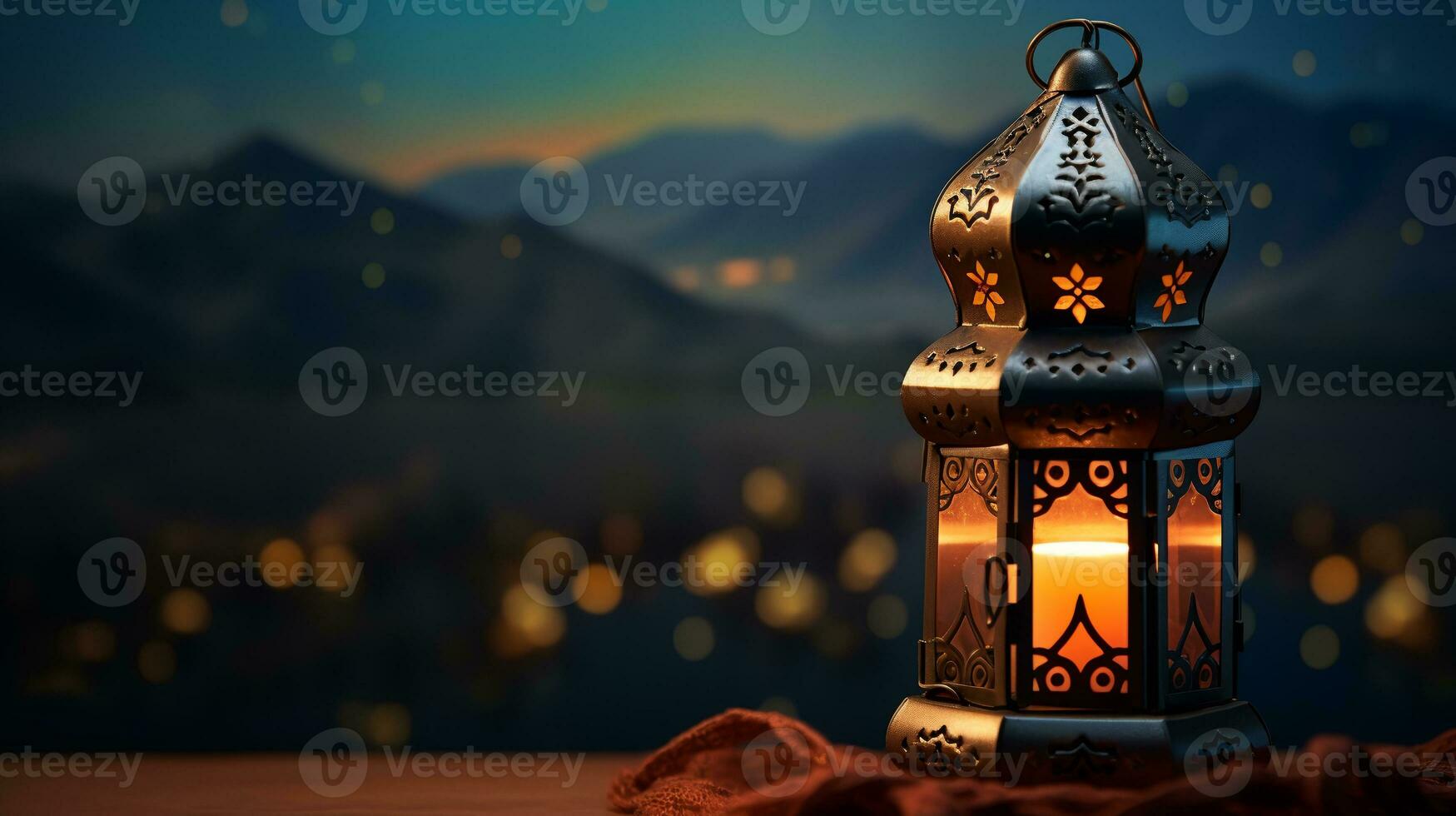 Ramadan lantern with Islamic inscriptions on the hills of the mountains with lights in the background and decorative lights in the front.ai generative photo