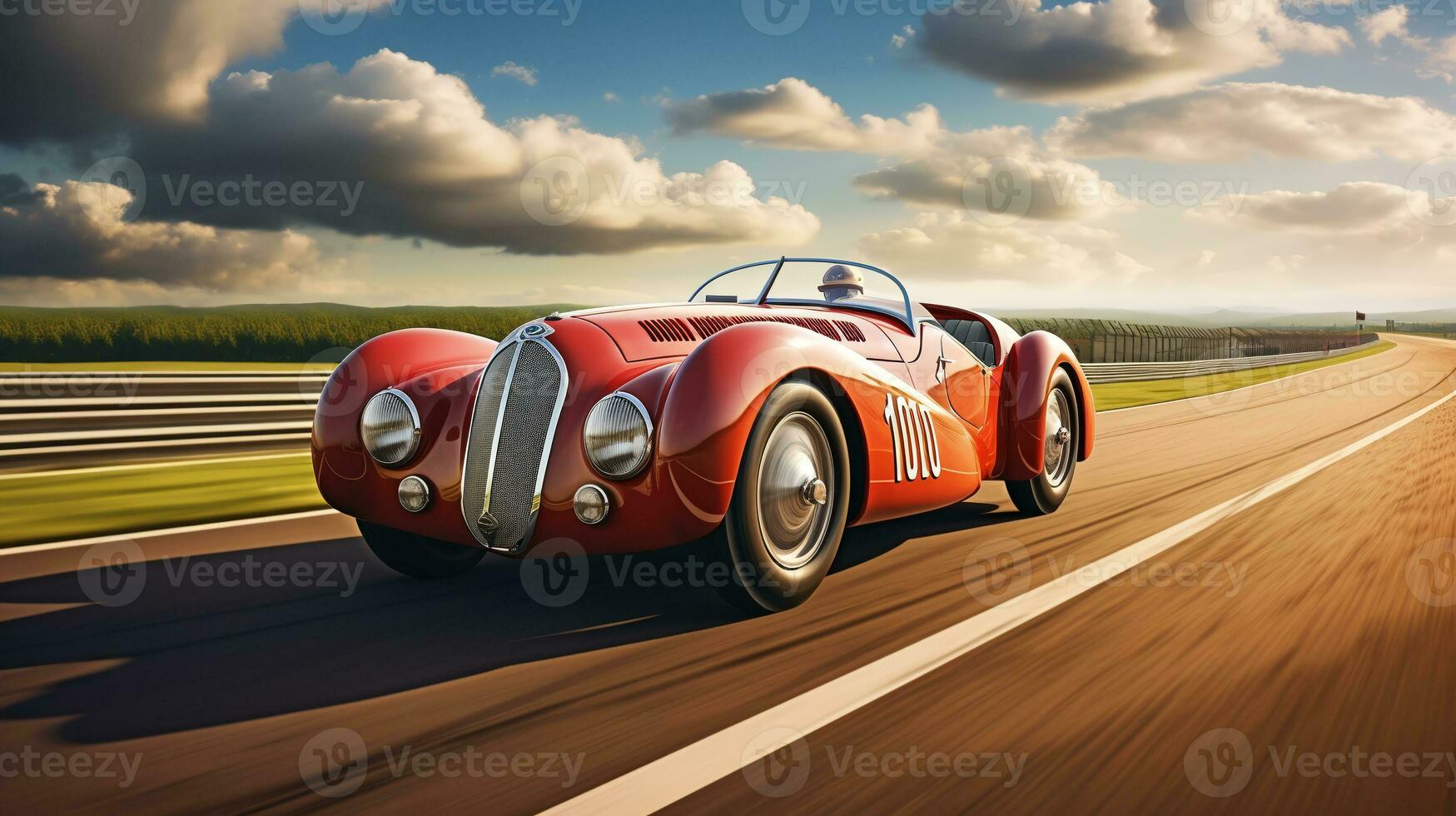 An old vintage racing car rushes along the track. ai generative photo