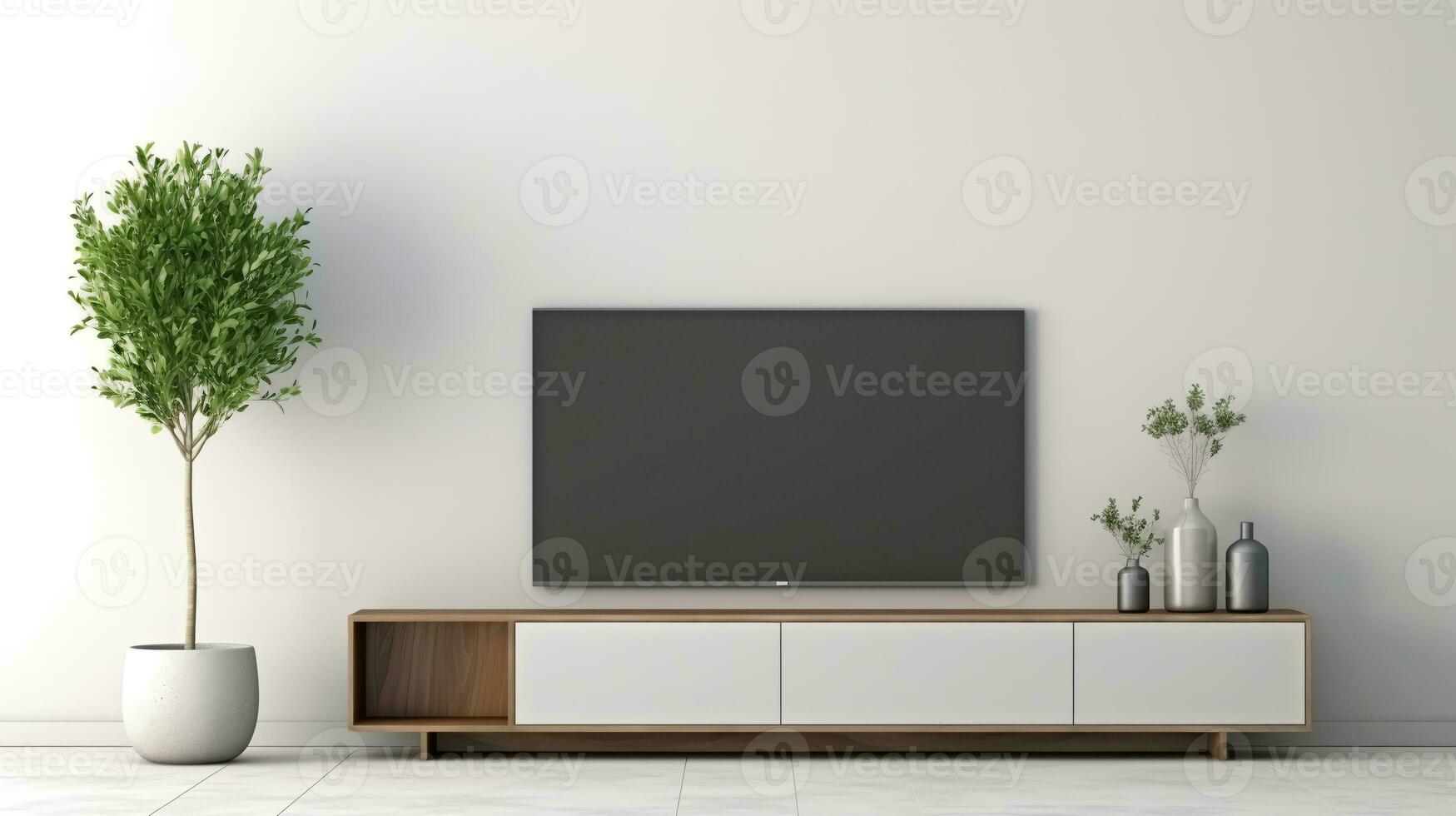 Mockup a TV wall mounted with decoration in living room and white wall.ai generative photo