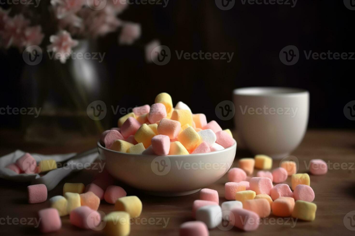 a bowl of marshmallows is on the table next to the flowers. pastel colors. ai generative photo