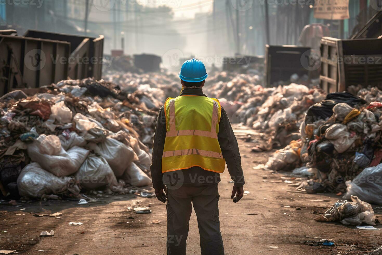 Worker collecting garbage of urban municipal are collecting for trash removal, view back. ai generative photo