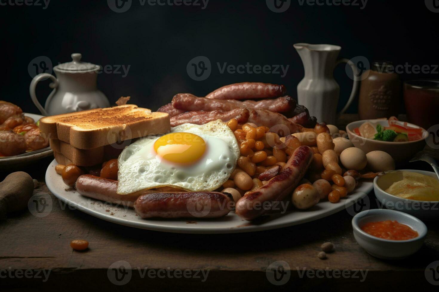 fried eggs, fried sausages, crispy fried bacon slices, stewed beans, toast on a white plate, british breakfast. ai generative photo