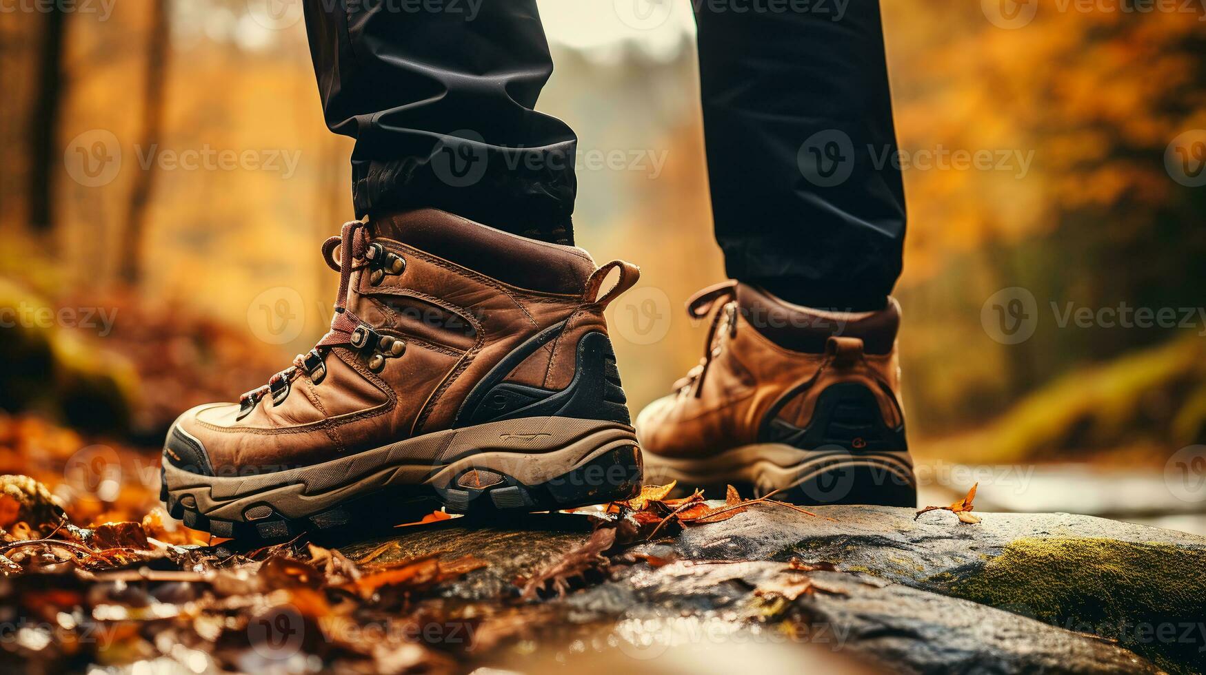 Man hiking up mountain trail close-up of leather hiking boot.ai generative photo