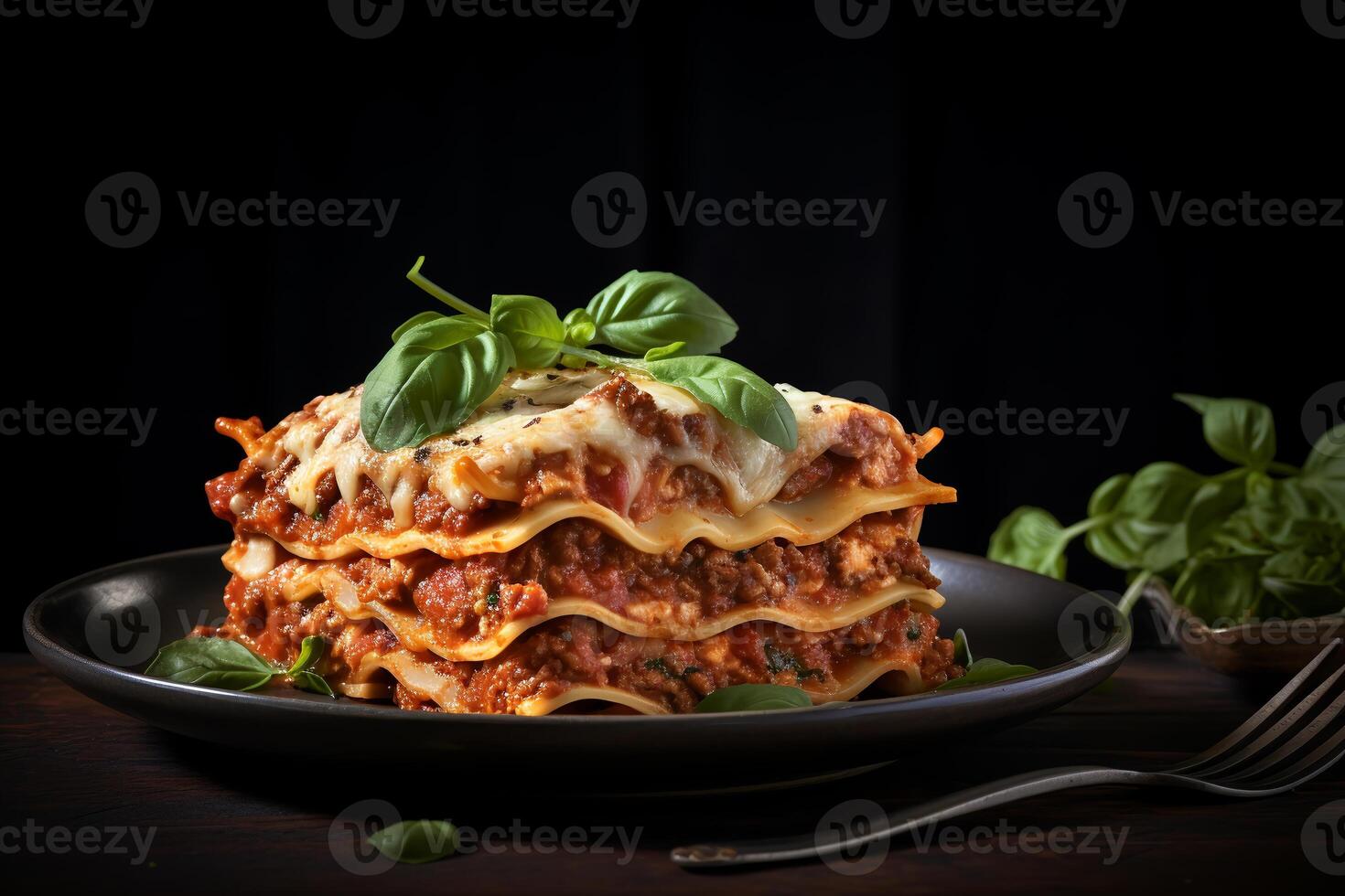 a plate of lasagna, dark background. photo