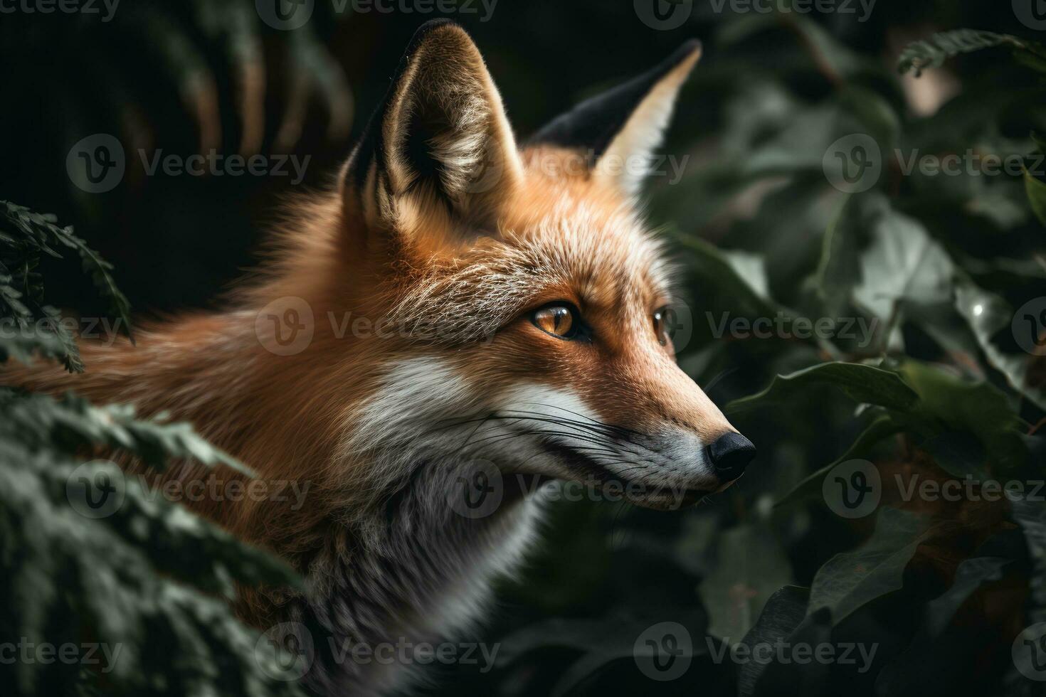 rojo zorro - vulpes, en denso bosque. de cerca. ai generativo foto