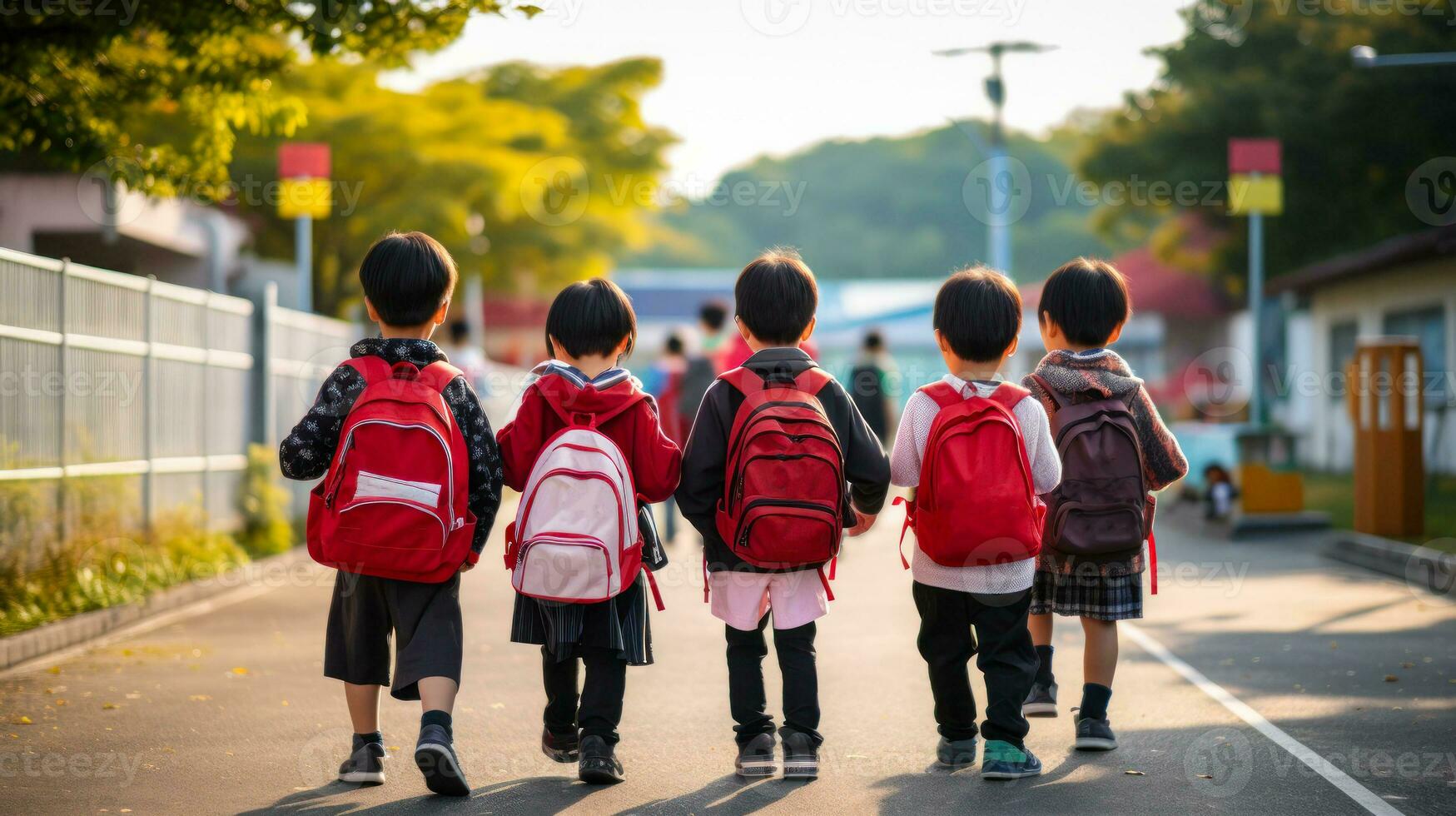 Chinese first graders go to school, asian childs back view generative ai photo