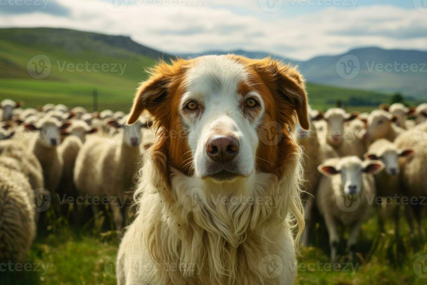 perro pastor guardando oveja generativo ai foto