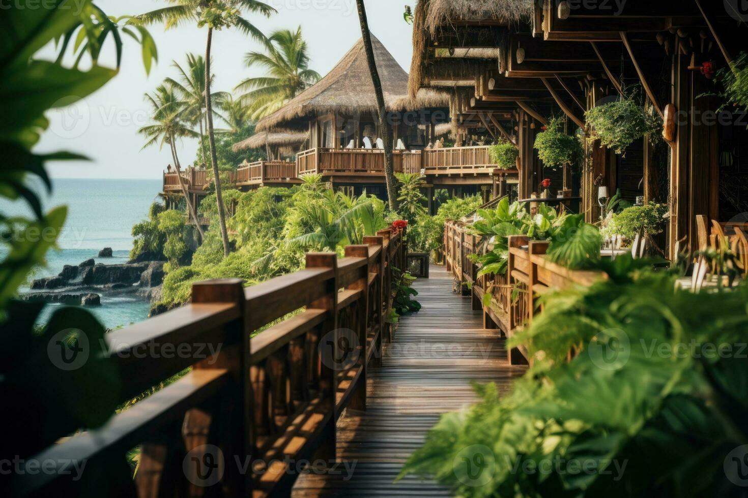 Indian hotel with wooden houses on the ocean generative ai photo