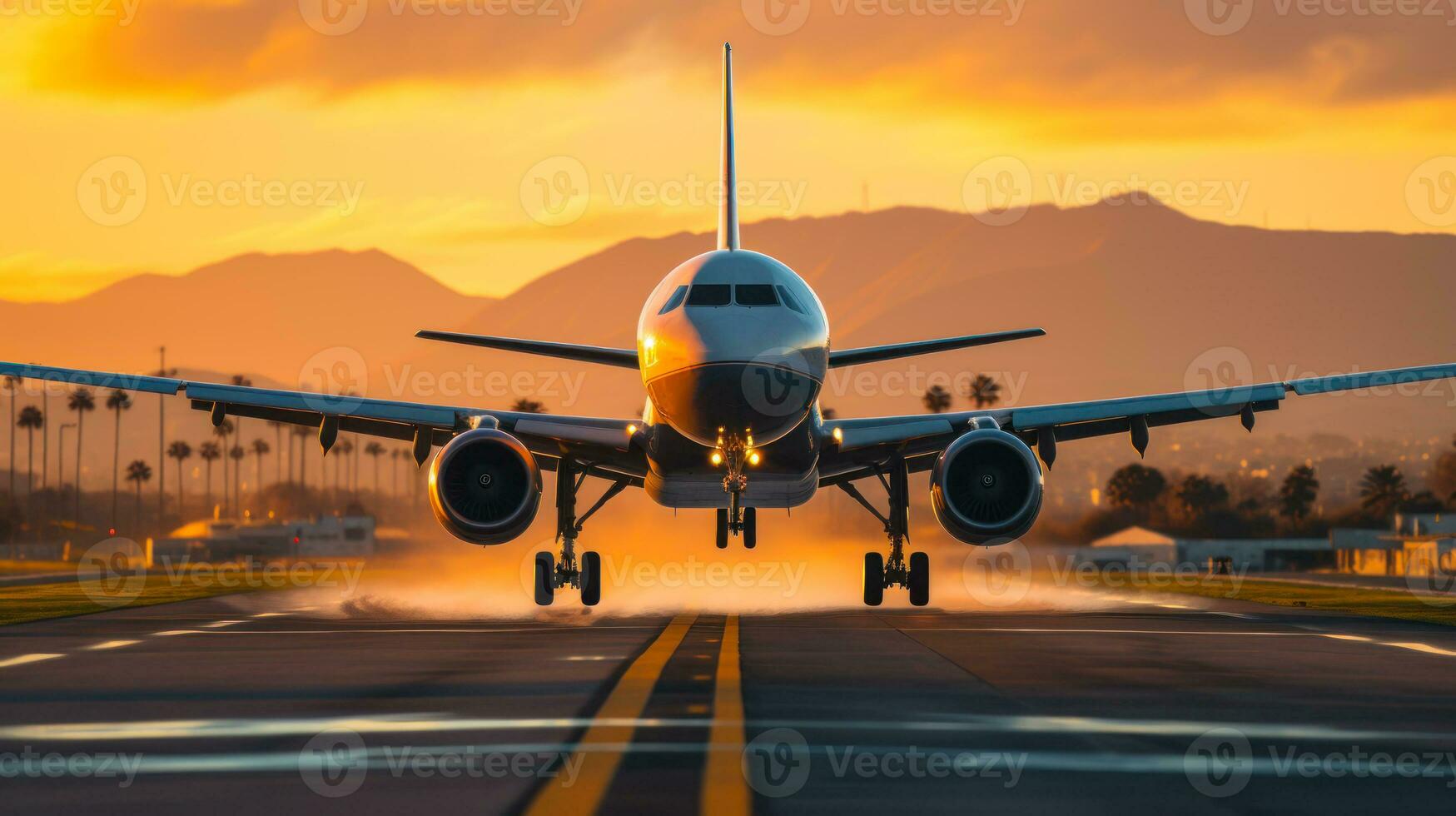 passenger plane on the runway generative ai photo