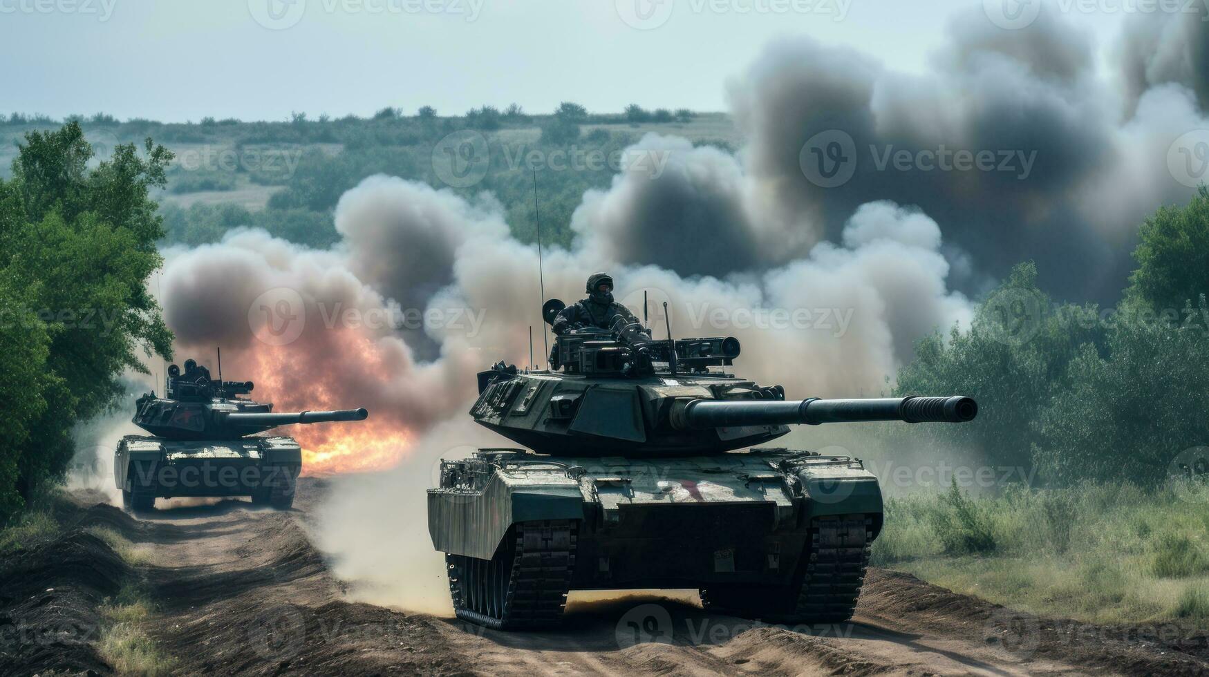 roto columna de militar tanques, hostilidades generativo ai foto