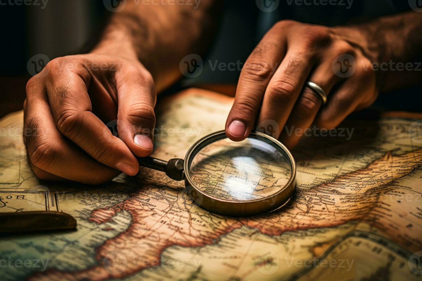 treasure hunt on an old map magnifying loupe generative ai photo